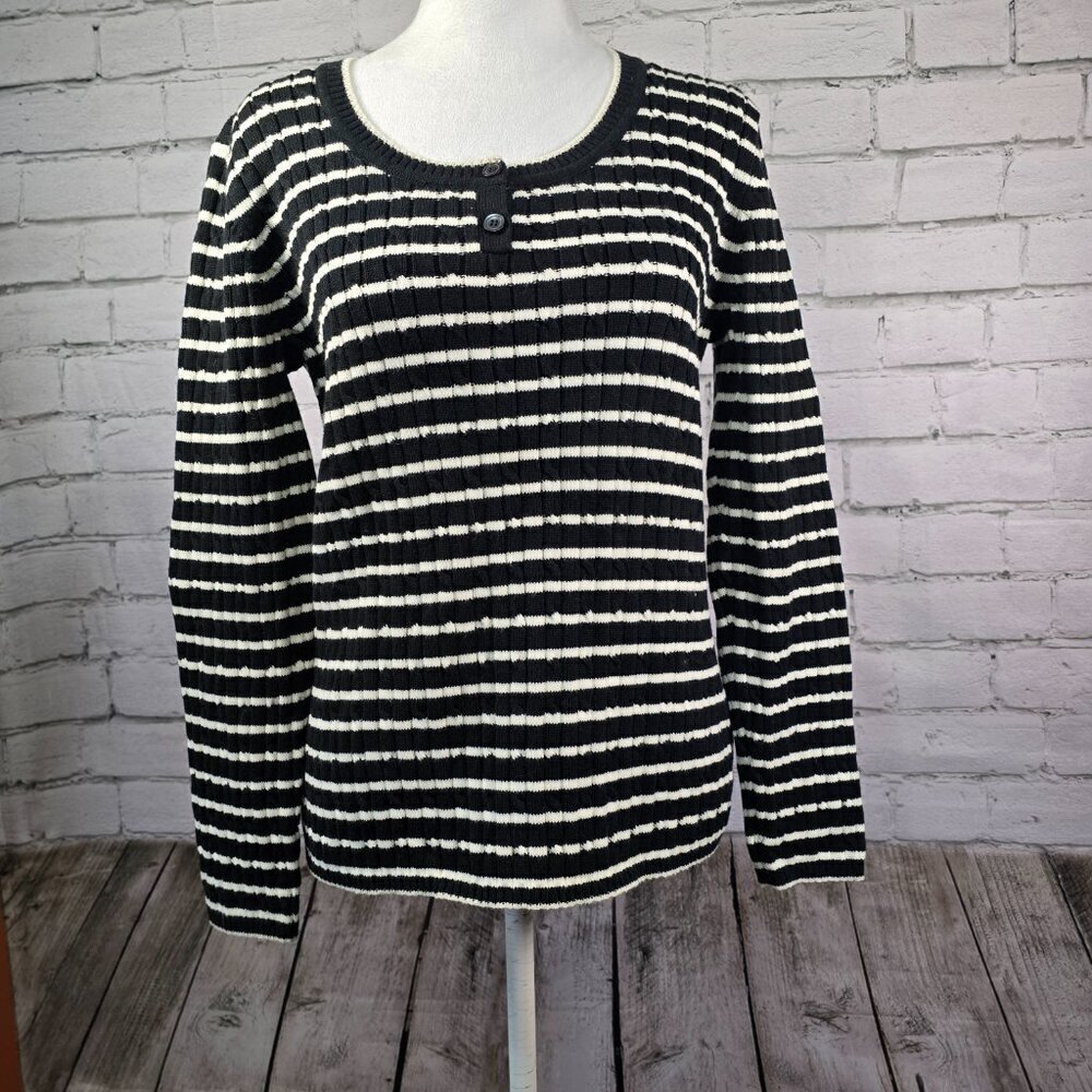 LIZ CLAIBORNE CREW NECK RIBBED STRIPPED SWEATER BLACK AND WHITE WOMENS LARGE
